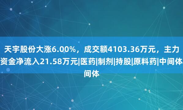 天宇股份大涨6.00%,成交额4103.36万元,主力资金净流入21.58万元|医药|制剂|持股|原料药|中间体